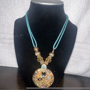 Turquoise Cord Necklace with Gold Mosaic Pendant